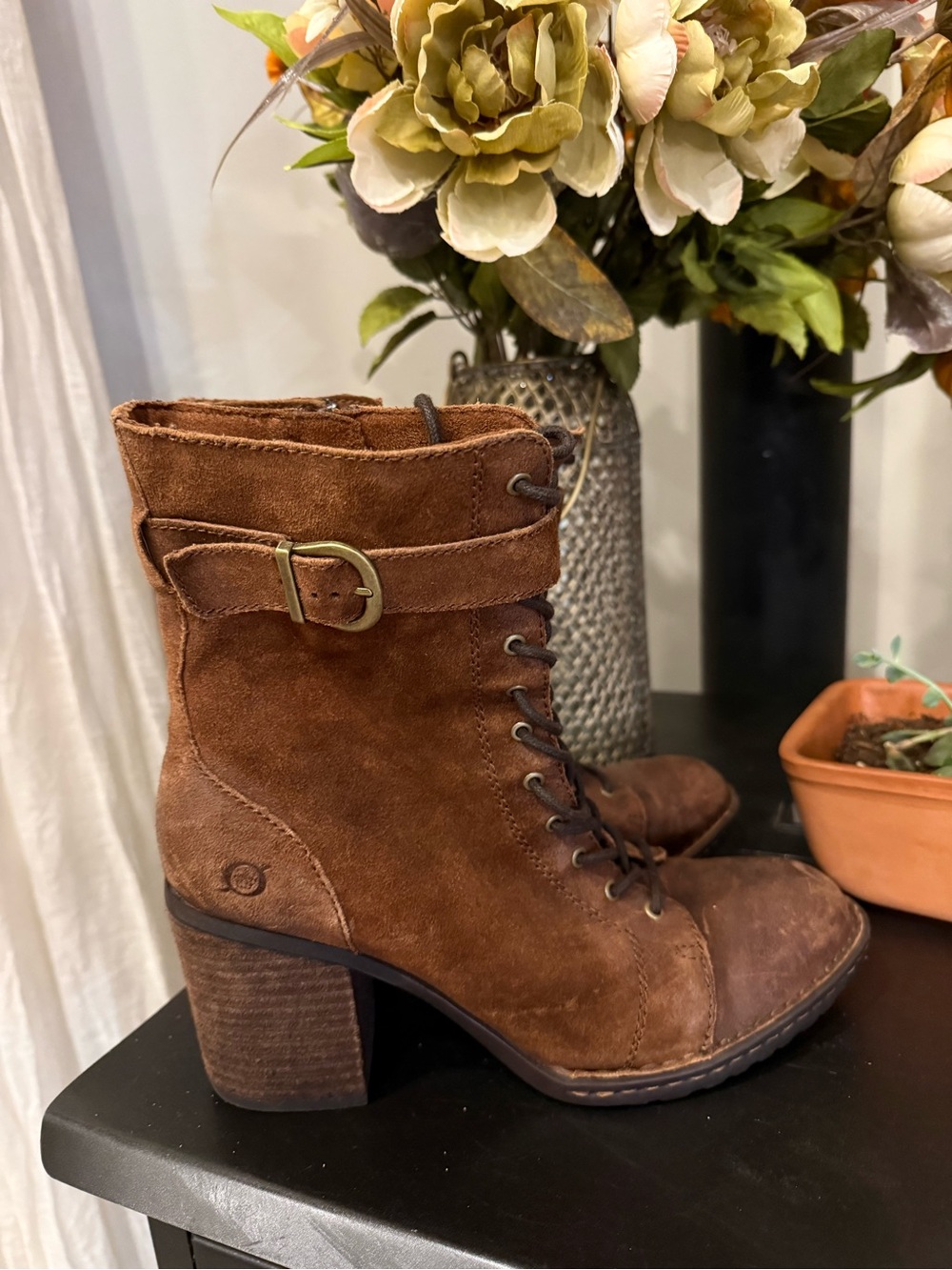 Born Brown Suede Lace-Up Buckle Block Heel Boots